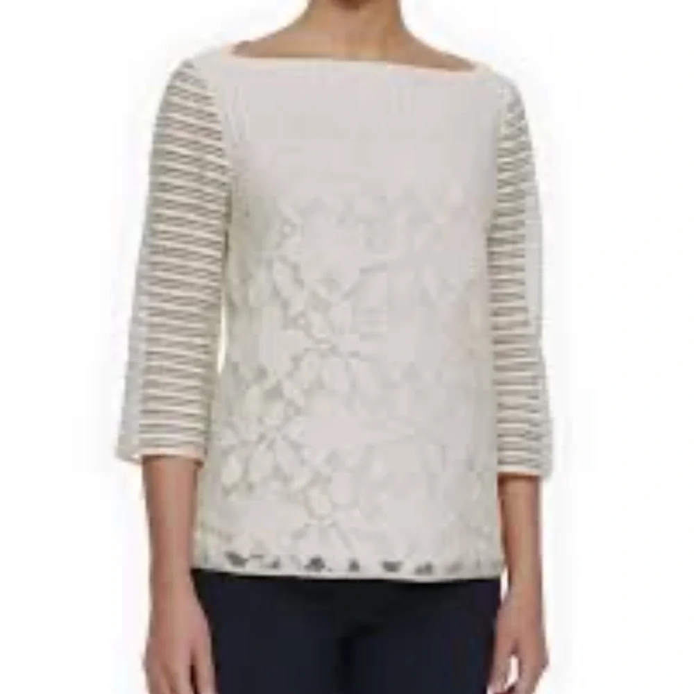 Tory Burch Cream Coquette Lace Detail 3/4 Sleeve Blouse size Women’s Small